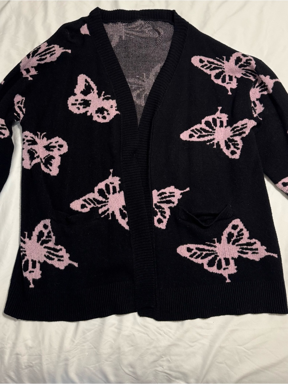 BloomChic Black Cardigan with Pink Butterfly Motifs